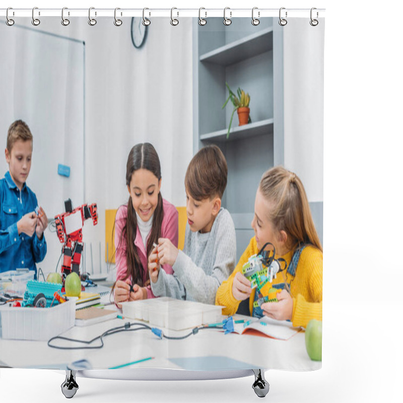 Personality  Children Working Together On STEM Project In Classrom Shower Curtains