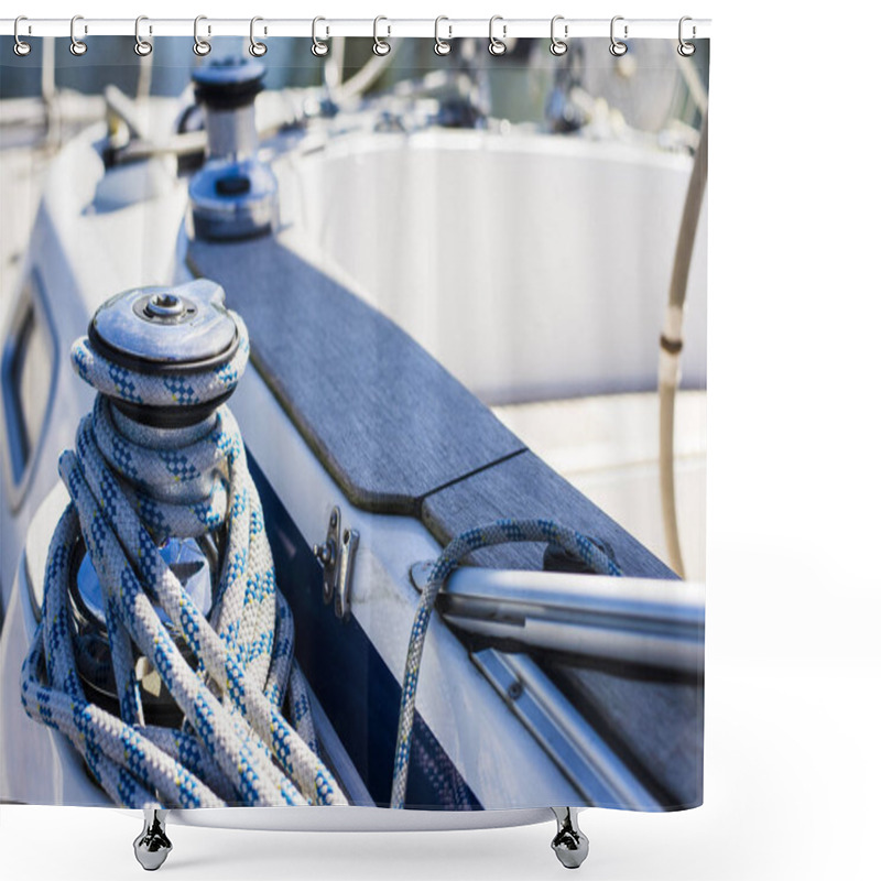 Personality  White And Blue Yacht Ropes Close-up, Latvia Shower Curtains