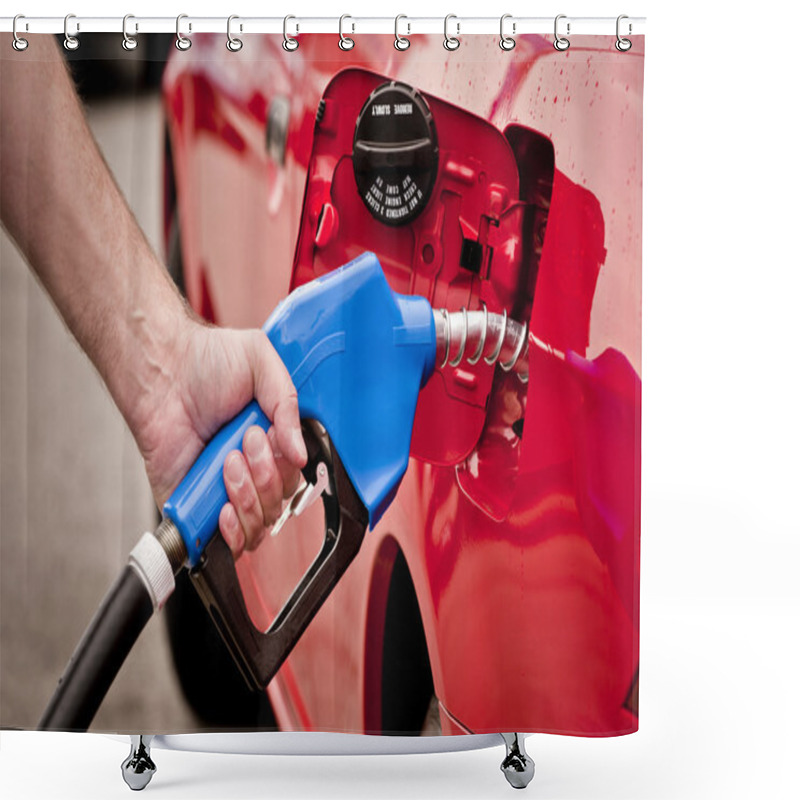 Personality  Man Using Blue Gasoline Nozzle In Red Car Shower Curtains