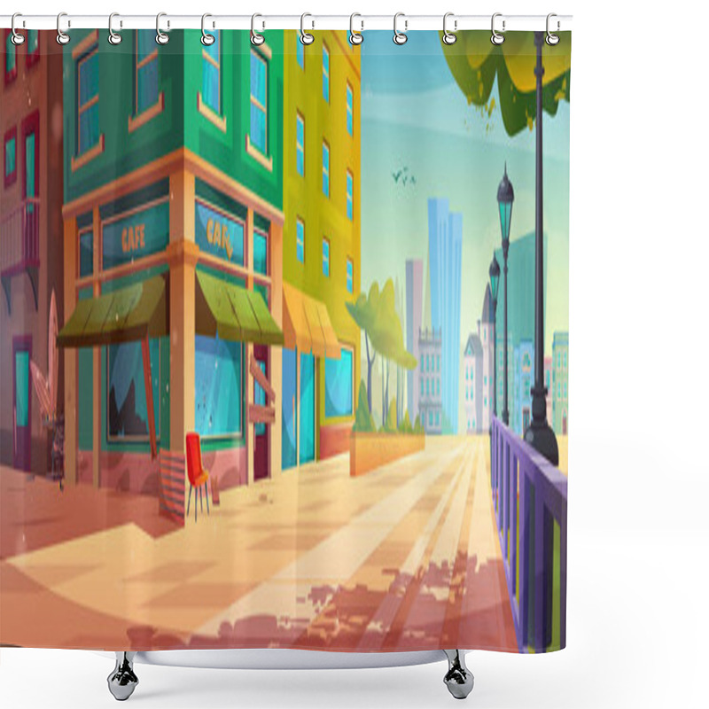 Personality  Abandoned Outdoor Street Cafe Exterior Cartoon Illustration. Summer City Near Park With Neglected Restaurant And Broken Window Glass. Closed Bistro Building Facade Architecture Area Cityscape Scene Shower Curtains