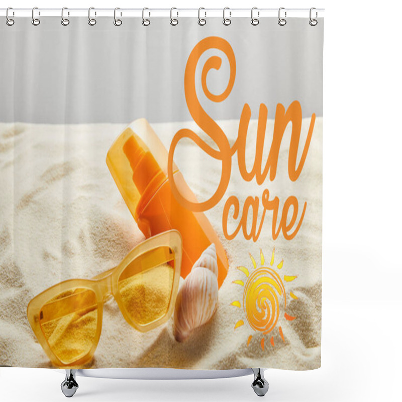 Personality  Yellow Stylish Sunglasses And Sunscreen In Orange Bottle On Sand With Seashell On Grey Background With Sun Care Lettering Shower Curtains