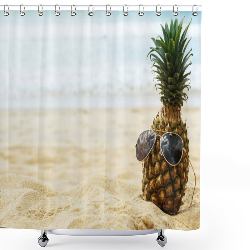 Personality  Pineapple In Sunglasses On Sandy Beach, Close Up View Shower Curtains