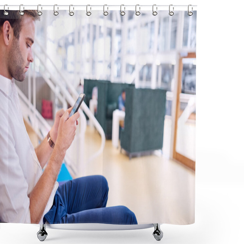 Personality  Adult Man Busy Texting On His Modern Light Weight Smartphone Shower Curtains