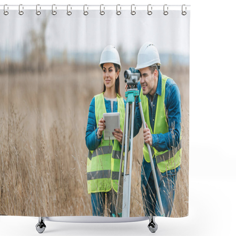 Personality  Smiling Surveyors With Digital Level And Tablet In Field Shower Curtains