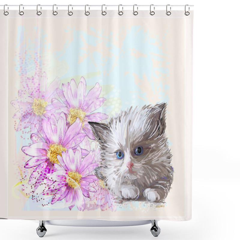 Personality  Birthday Card With Little Fluffy Kitten And Gerberas Shower Curtains