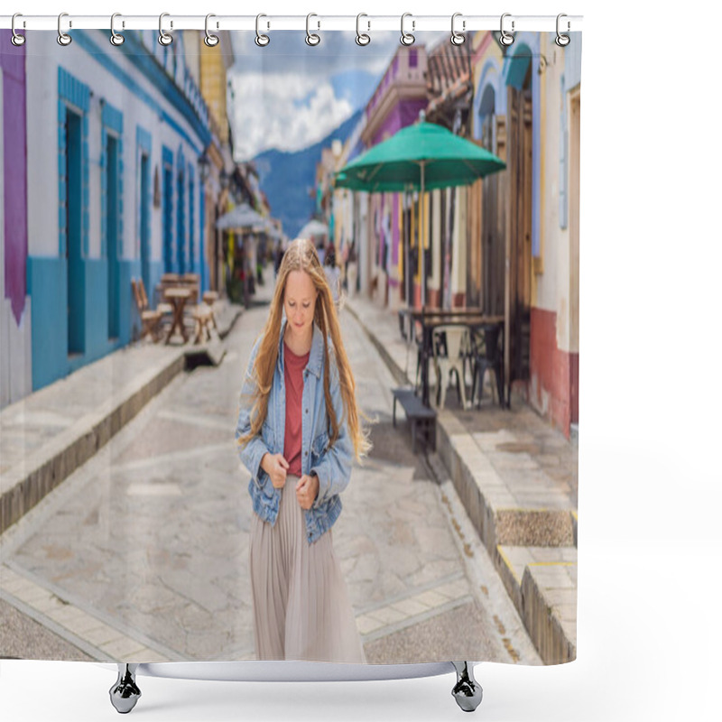 Personality  Female Tourist Walks Through The Colonial Streets San Cristobal De Las Casas, Mexico. Cultural Exploration, Architecture, And Travel Experience Concept. Shower Curtains