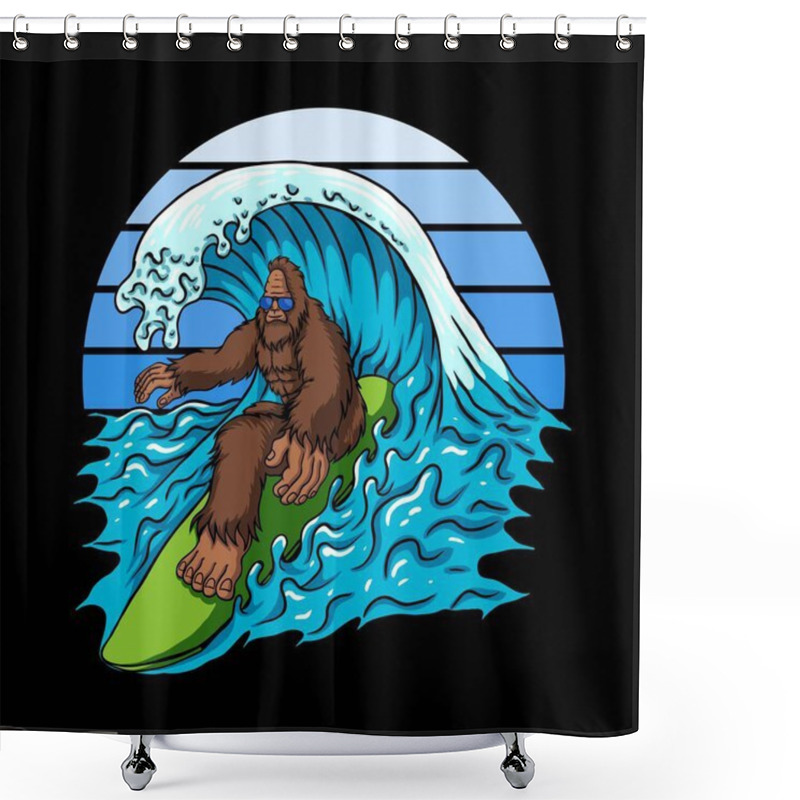 Personality  Bigfoot Surfing The Waves Vector Illustration Shower Curtains