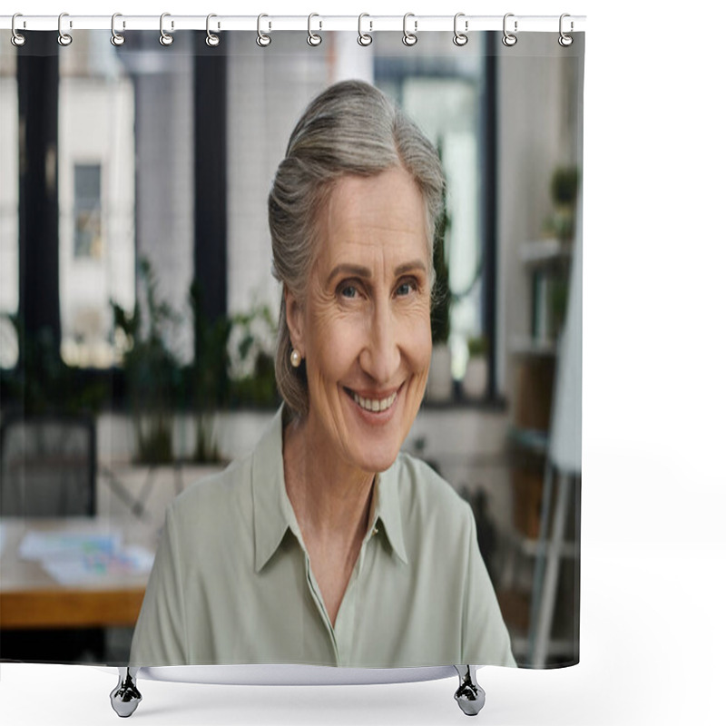 Personality  An Elderly Woman In A Contemporary Office Setting. Shower Curtains