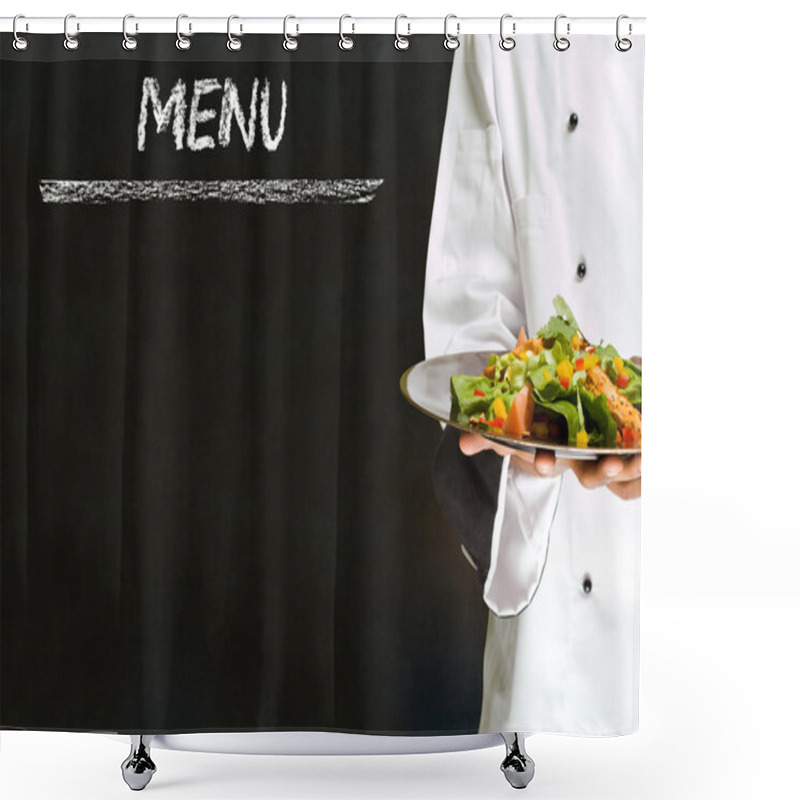 Personality  Chef With Healthy Salad Food On Chalk Blackboard Menu Background Shower Curtains