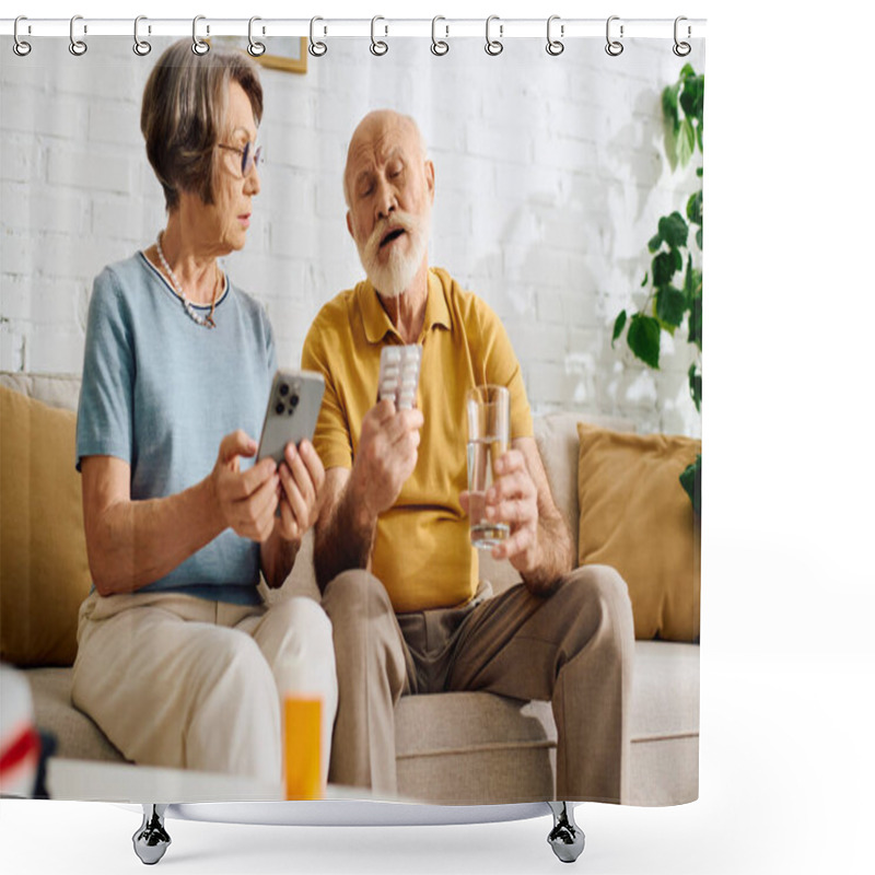 Personality  A Devoted Wife Assists Her Husband With Diabetes As They Manage His Medication Together. Shower Curtains