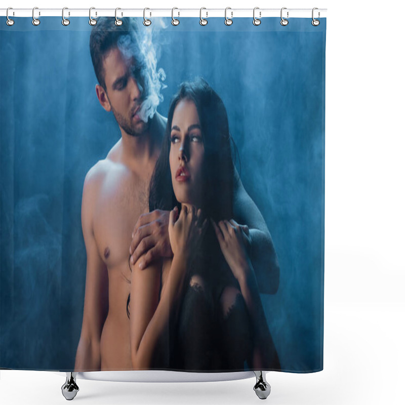 Personality  Sexy Man Smoking And Hugging Girlfriend In Bra On Black Background With Smoke  Shower Curtains