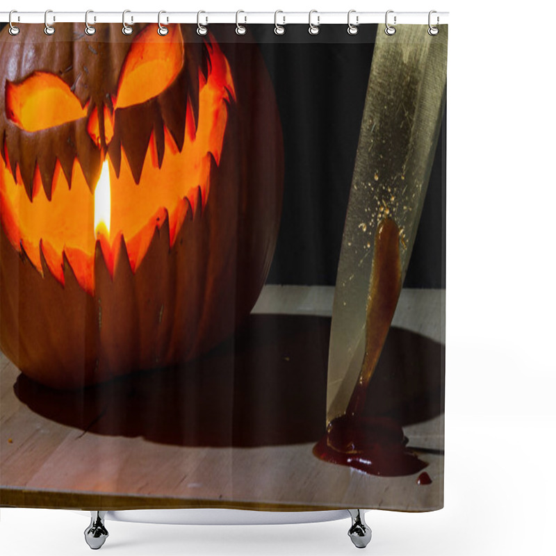 Personality  Orange Pumpkin With A Knife On A Table Shower Curtains