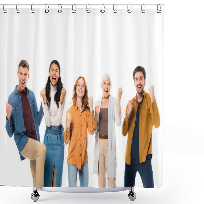 Personality  Excited Multicultural People Showing Yeah Gesture Isolated On White Shower Curtains