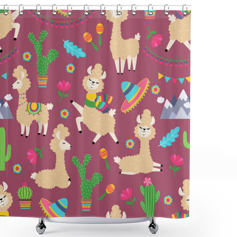 Personality  Llama Seamless Pattern. Alpaca Baby And Cactus Girly Textile Texture. Lama Tribal Concept Shower Curtains