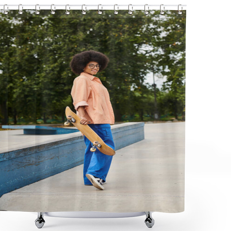 Personality  A Young Man Of African Descent With Curly Hair Confidently Holds A Skateboard In A Vibrant Skate Park Setting. Shower Curtains