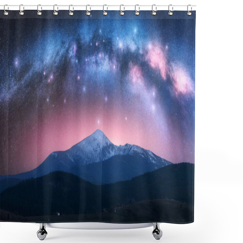 Personality  Arched Milky Way Over The Beautiful Mountains With Snow Covered Peak At Night In Summer. Colorful Landscape With Bright Starry Sky With Milky Way Arch, Snowy Rocks, Hills, Pink Light. Space. Nature Shower Curtains