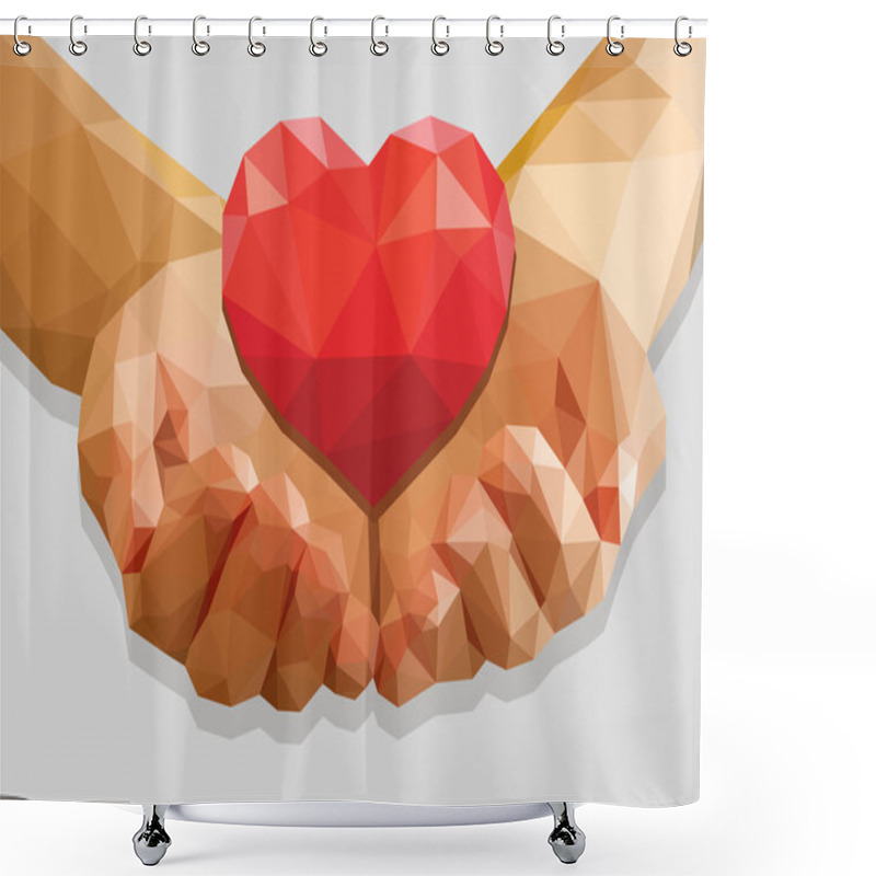 Personality  Cupped Hands Keep Red Heart Isolated Low-poly Polygon On A Gray  Shower Curtains