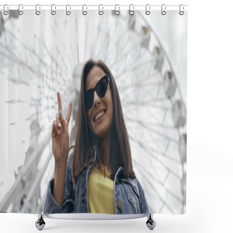 Personality  Low Angle View Of Cheerful Traveler Showing Peace Sign Near Blurred Ferris Wheel  Shower Curtains