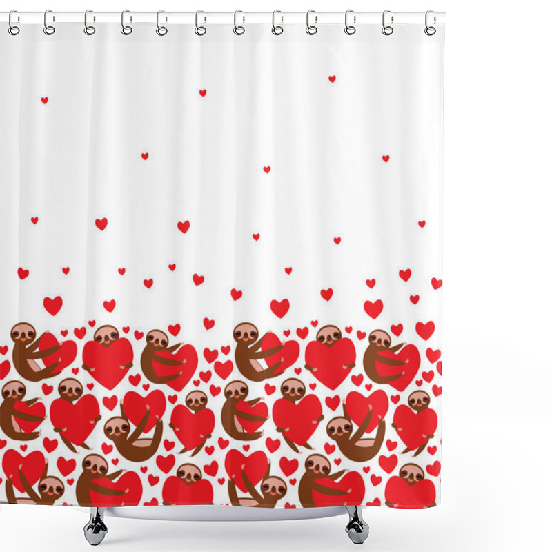 Personality  Three-toed Sloth Holding Red Heart, Isolated On White Background. Valentine's Day Card Banner Template. Funny Kawaii Animal, Copy Space. Vector Shower Curtains