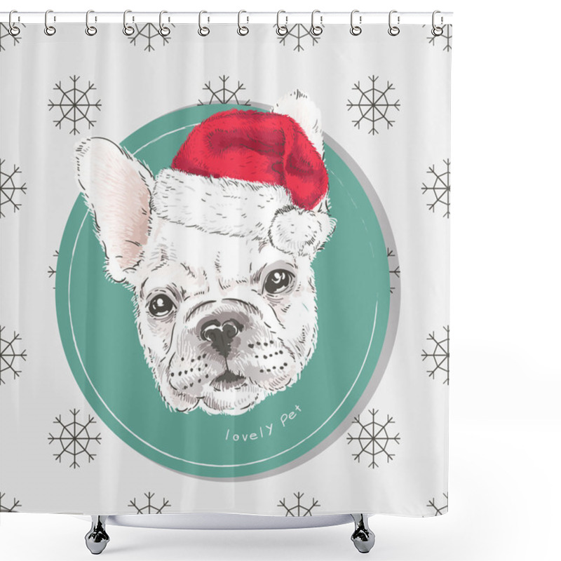 Personality  Dog Painted By Hand. Collection Of Purebred Dogs. Pug Vector. Pug In Christmas Hat. Holiday Card. New Year. Shower Curtains