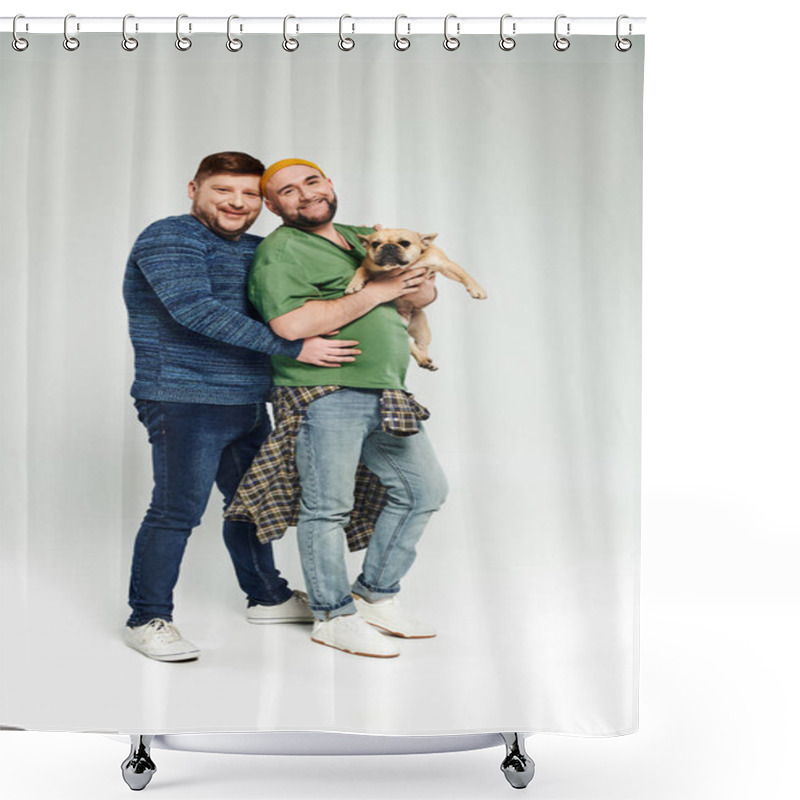 Personality  A Loving Gay Couple Standing Together, Holding A French Bulldog. Shower Curtains