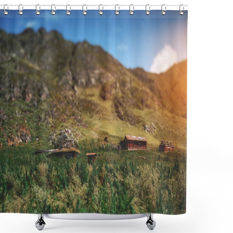 Personality  Tilt-shift View Of Altay Mountains, Cabins, Native Grasses Shower Curtains