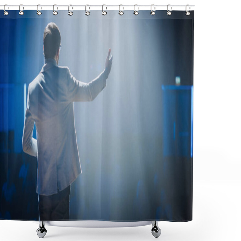 Personality  Successful Motivational Speaker, Talking About Happiness, Success And How To Be A More Productive Self. Businessman In Conference Hall Presenting New Product. Cinematographic Light. Shower Curtains