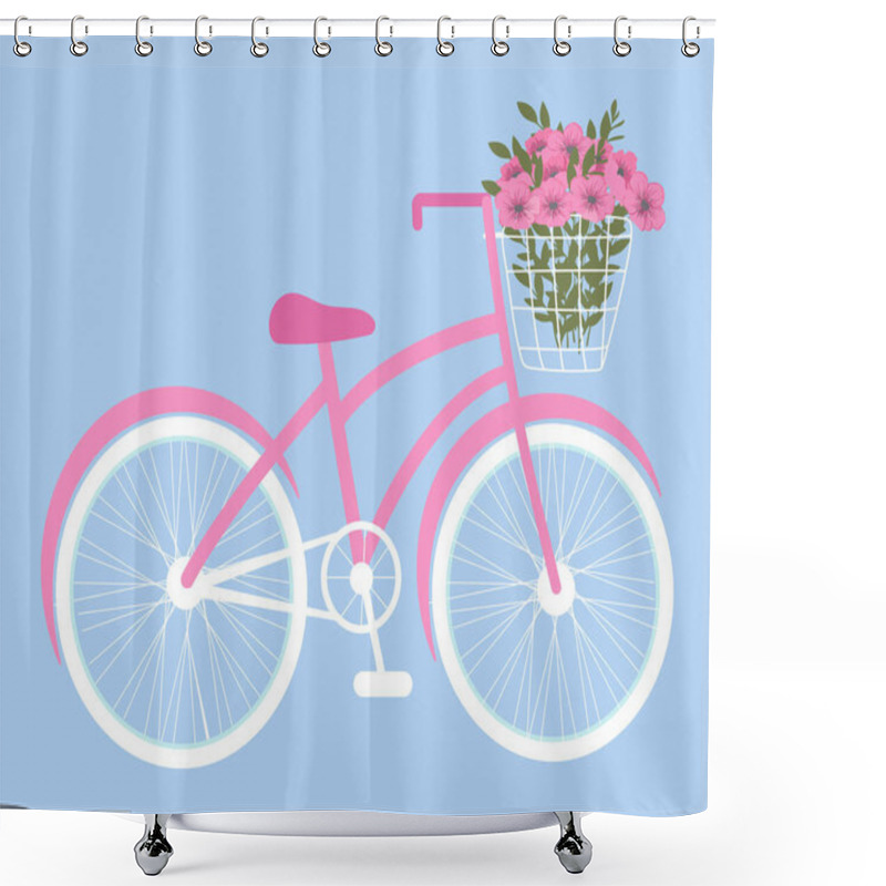 Personality  Bike With Basket Of Flowers. Bicycle With A Beautiful Bouquet Of Flowers And Green Leaves. Vector Illustration. Shower Curtains