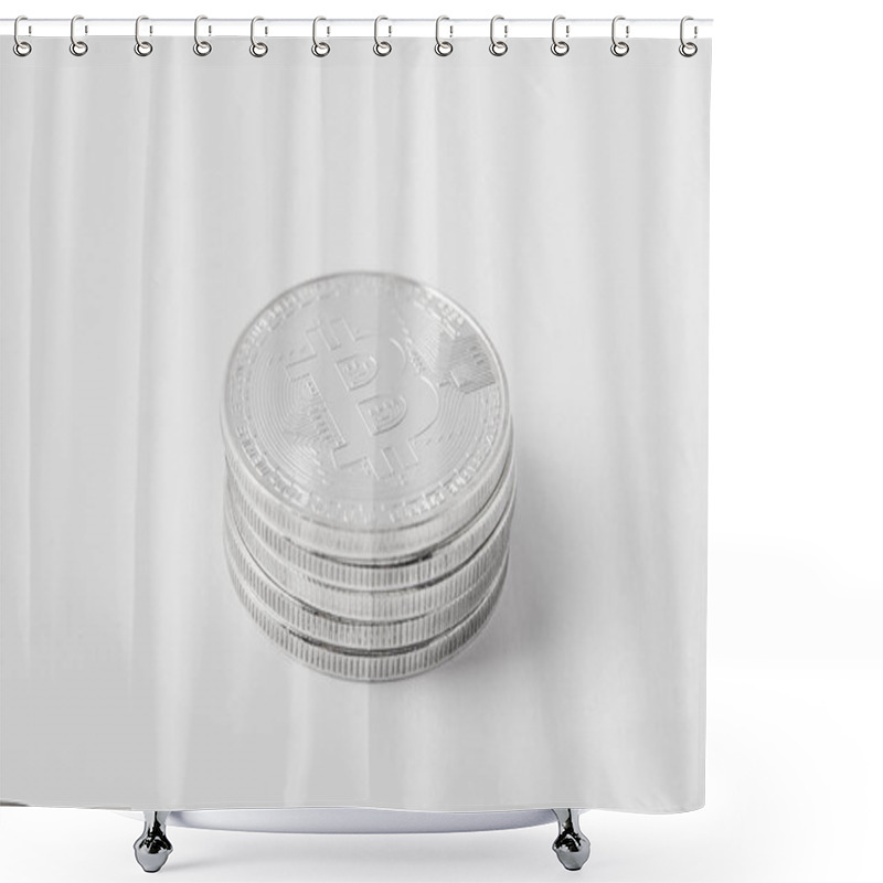 Personality  Close-up Shot Of Stacked Bitcoins On White Surface Shower Curtains