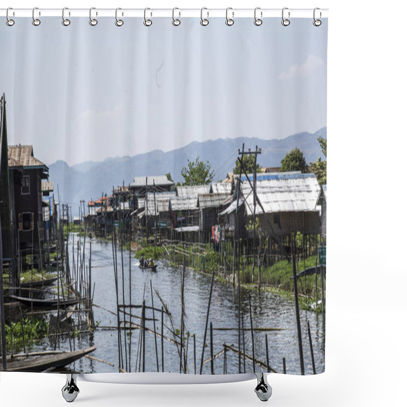 Personality  Inle Lake, Myanmar - Spring, 2018:  Beautiful Blue House On Inle Lake Shower Curtains