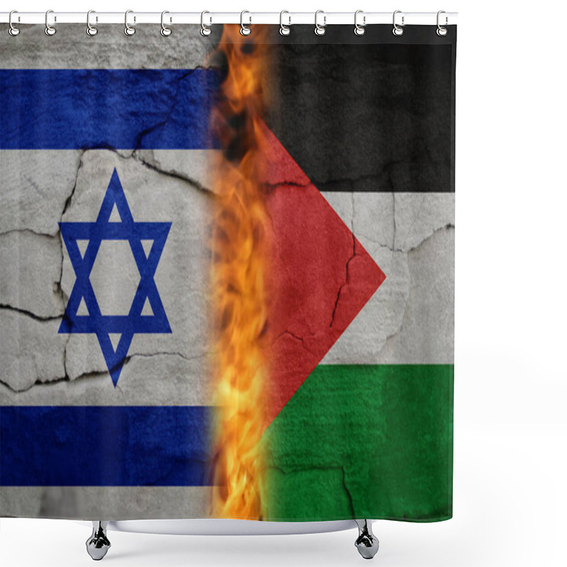 Personality  Israel Palestine War. Concept Of Crisis Of War And Political Conflicts Between Nations. Flags. Fire, Flames. Cracked Stone Background. Out Of Focus. Shower Curtains