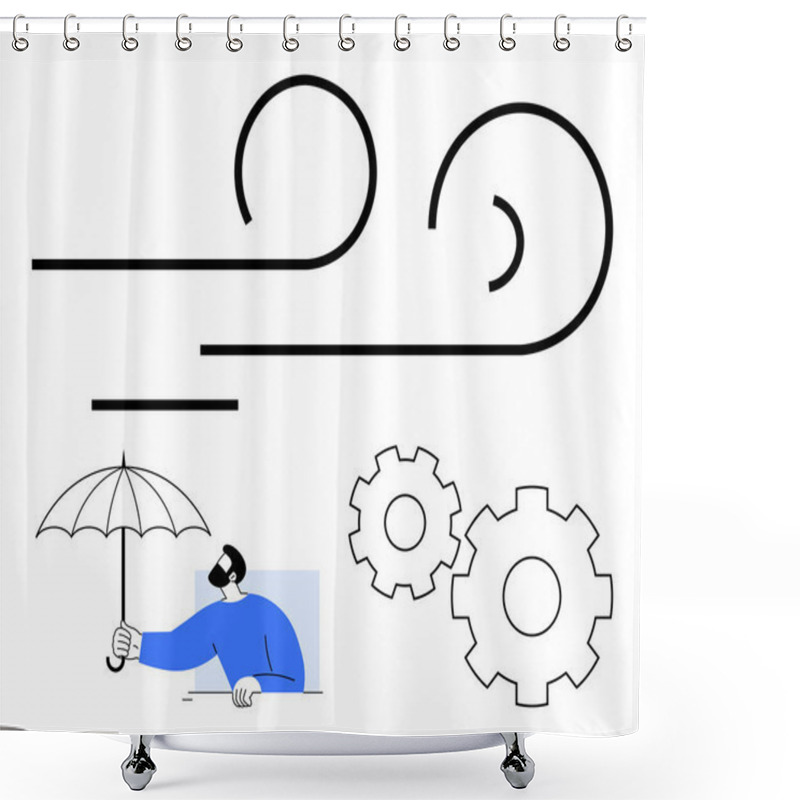 Personality  Person Holding An Umbrella Facing Strong Wind, With Nearby Gears. Ideal For Resilience, Challenges, Protection, Problem-solving, Engineering, Overcoming Adversity Perseverance. Line Metaphor Shower Curtains