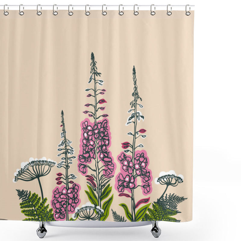 Personality  Epilobium Angustifolium, Angelica, Polypodiophyta. Card With Forest And Meadow Plants. Angelica, Fern, Fireweed. Flowering Plants. Summer Theme. Vector Illustration. Shower Curtains