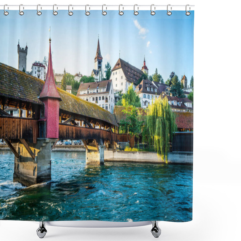 Personality  Spreuer Bridge Or Spreuerbrucke Covered Footbridge Scenic View At Sunset With Its Red Chapel And Blue Sky In Lucerne Switzerland Shower Curtains