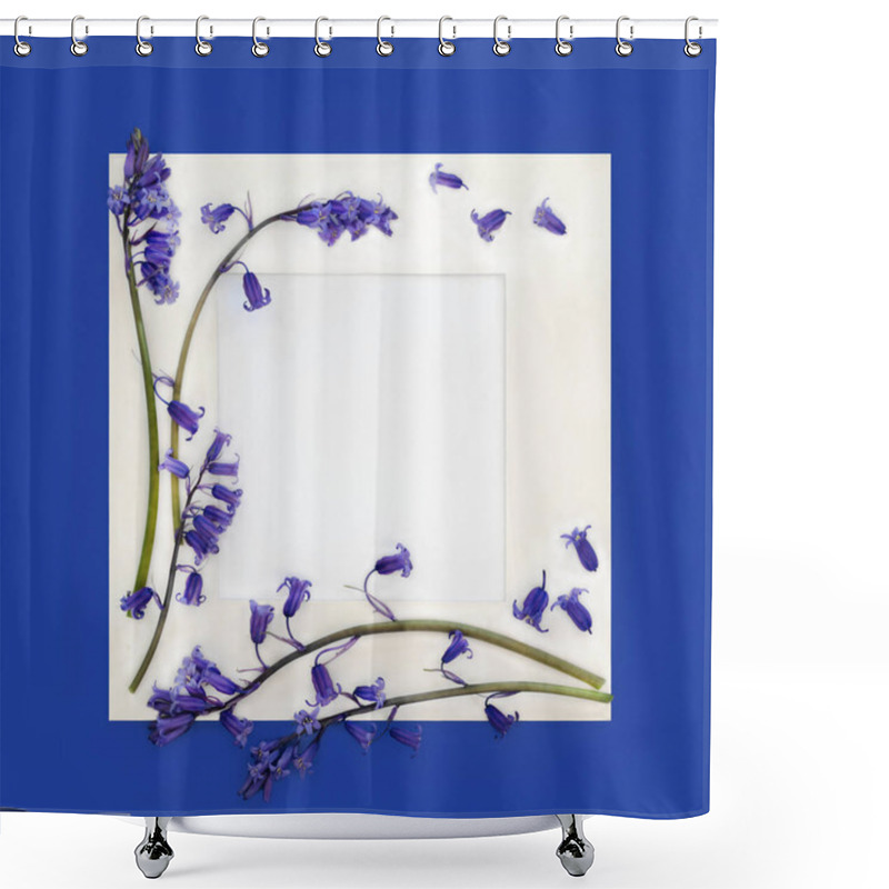 Personality  Bluebell Flower Beltane And Spring Background Border With White Frame And Copy Space On Blue. Symbol Of May Day, Beltane, Springtime, Natural Woodland Wildflower For Greeting Card. Shower Curtains