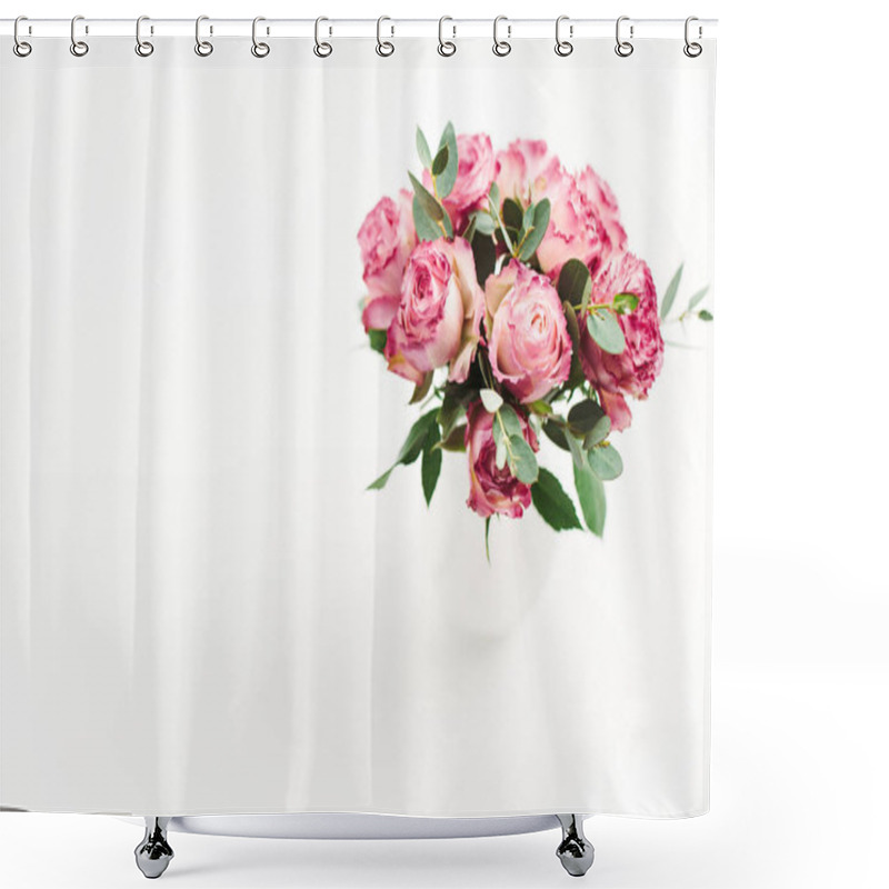 Personality  Pink Rose Flowers Bouquet On White Background. Minimal Spring Floral Concept. Shower Curtains