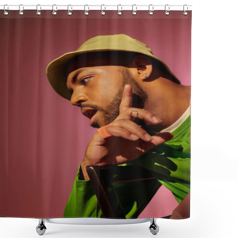 Personality  Young Good Looking Man Posing In Profile On Chair With Mouth Slightly Open, Fashion Concept Shower Curtains