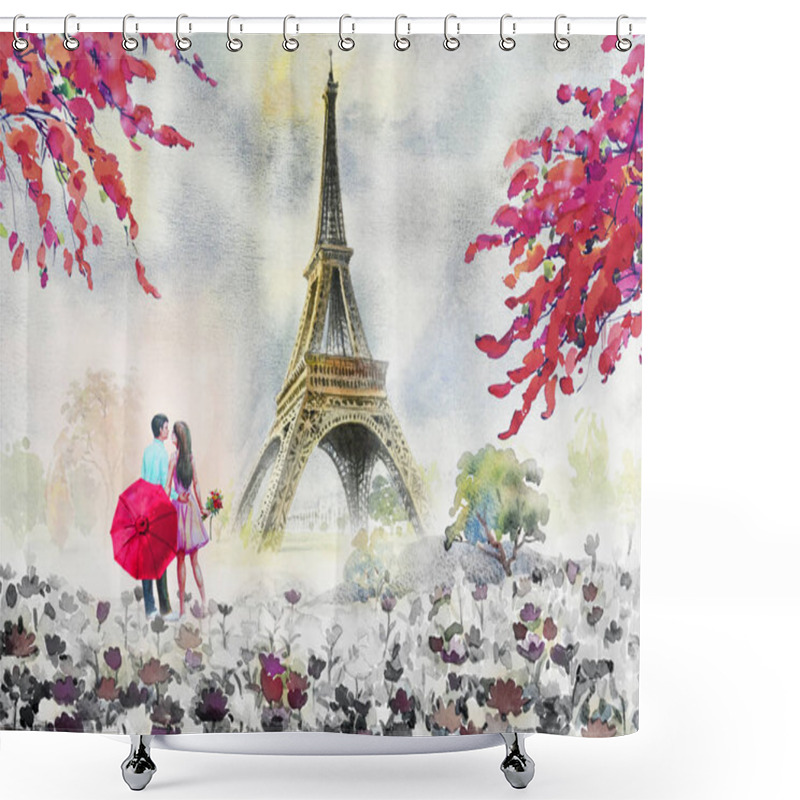 Personality  Paris European City Landscape. France, Eiffel Tower And Couple Lovers Man, Woman, Umbrella Red, Modern Art,daisy Flower Garden Trees. Watercolor Painting Illustration,wedding, Valentine Day, Greeting. Shower Curtains