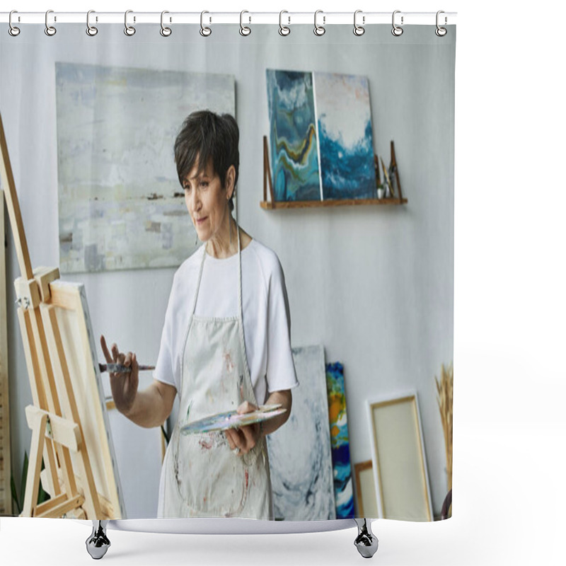 Personality  A Woman Joyfully Creates Art In Her Inviting Studio Space. Shower Curtains