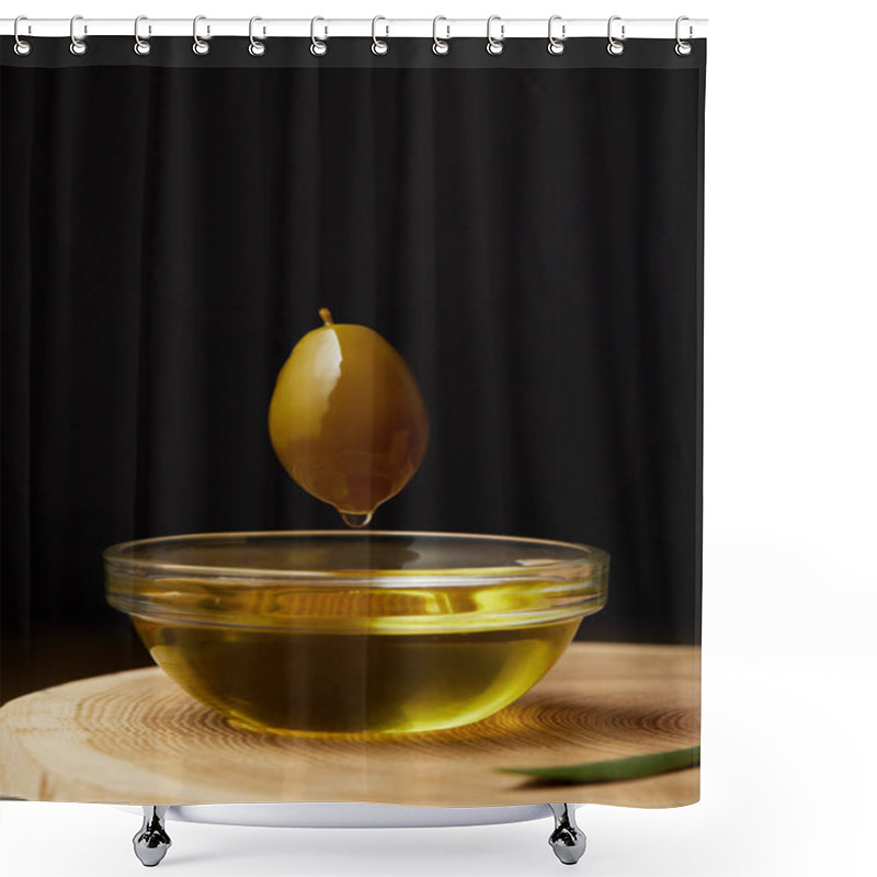 Personality  Olive Flying Above Bowl With Oil On Wooden Surface Shower Curtains