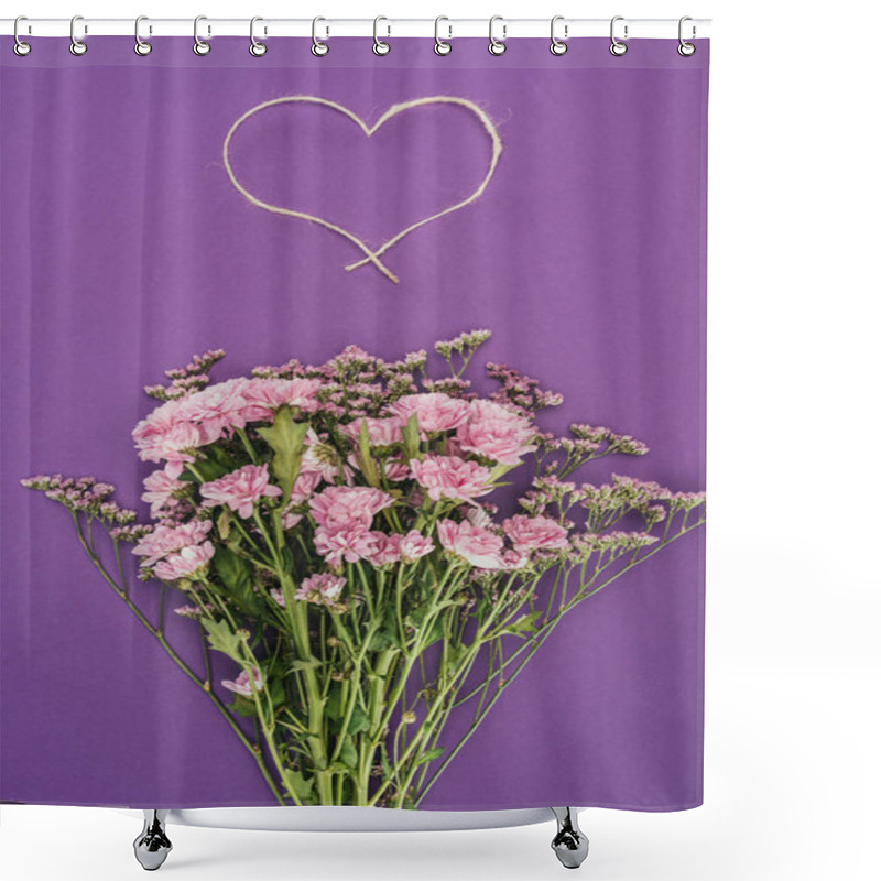 Personality  Bouquet Of Beautiful Pink Flowers And Heart-shaped Rope On Violet Shower Curtains