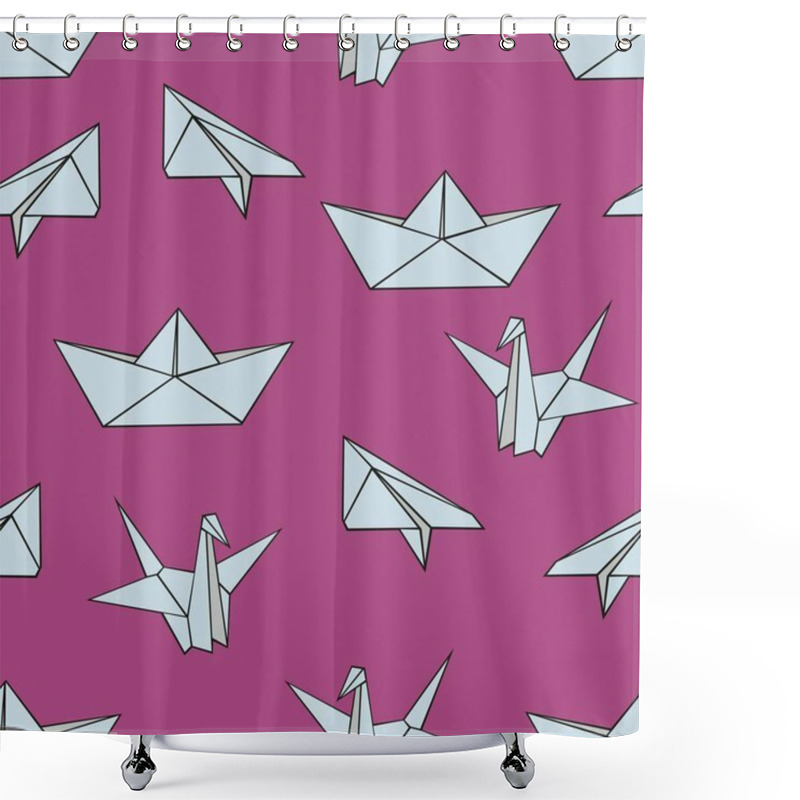 Personality  Origami. Vector Seamless Pattern With Origami Figures On A Pink Background For Design And Decoration Shower Curtains