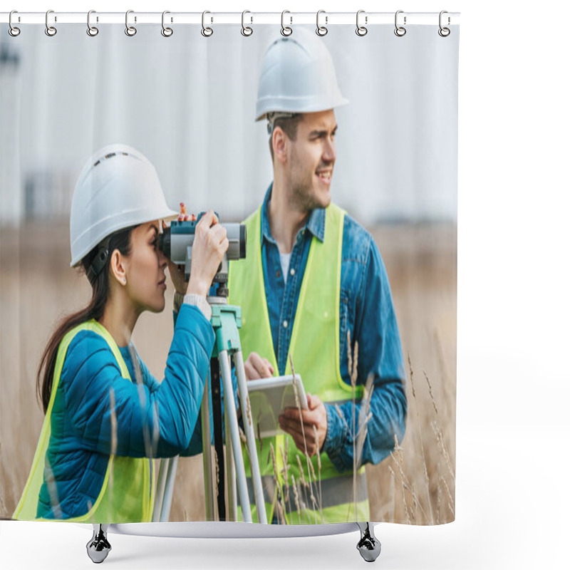 Personality  Surveyors Working With Digital Level And Tablet In Field Shower Curtains