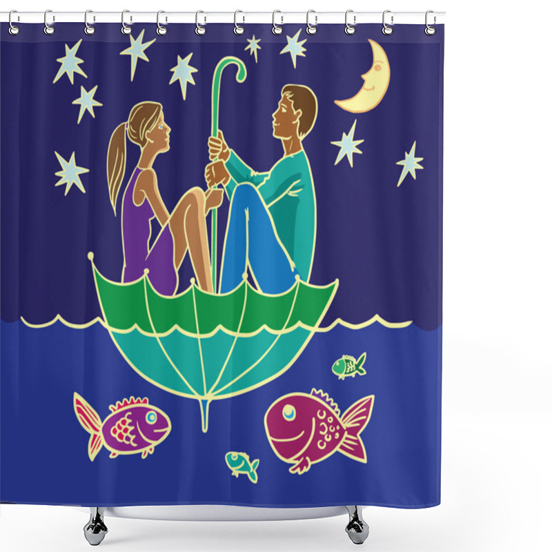 Personality  Couple Sitting In An Umbrella Which Floats On The Sea Shower Curtains