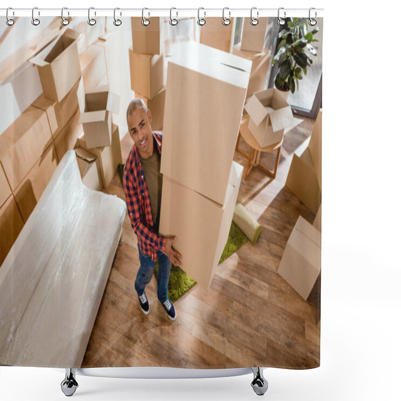 Personality  Young African American Man Holding Cardboard Box And Moving Into New Home Shower Curtains