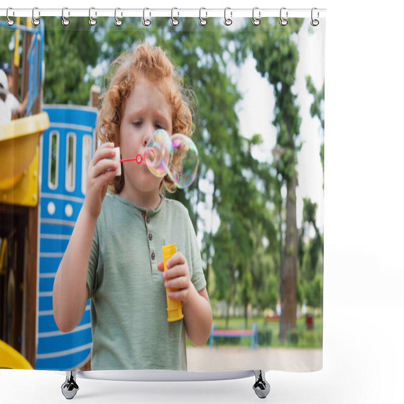 Personality  Curly Kid Blowing Soap Bubbles On Playground Shower Curtains