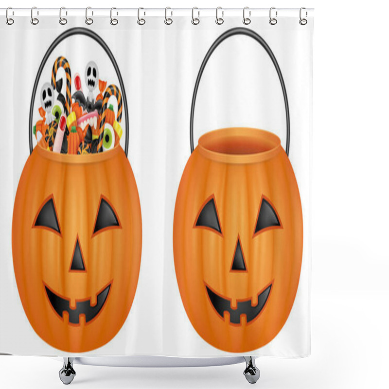 Personality  Isolated Pumpkin Buckets. Empty Bucket And Bucket With Halloween Candies Shower Curtains