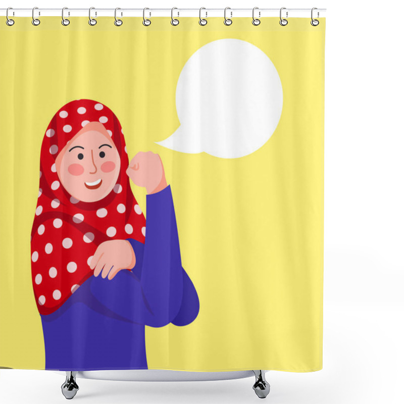 Personality  Hijab Girl Poses We Can Do It, Inspired By Rosie The Riveter With Blank Baloon Text Vector Cartoon Illustration Shower Curtains