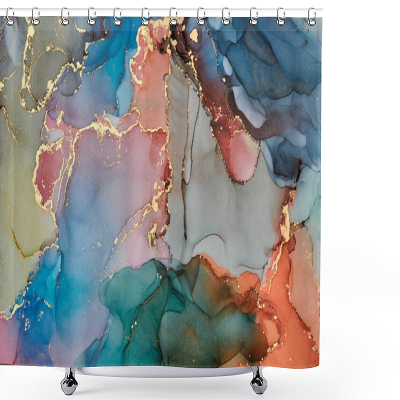 Personality  Currents Of Translucent Hues, Snaking Metallic Swirls, And Foamy Sprays Of Color Shape The Landscape Of These Free-flowing Textures. Natural Luxury Abstract Fluid Art Painting In Liquid Ink Technique Shower Curtains