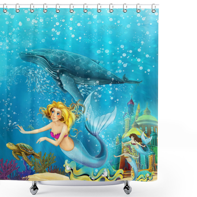 Personality  Cartoon Ocean And The Mermaid In Underwater Kingdom Swimming With Whales - Illustration For Children Shower Curtains